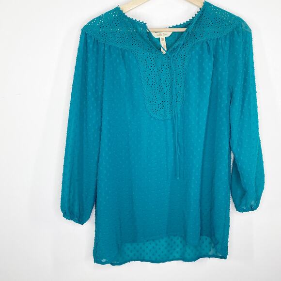 Matilda Jane Women Blue Embroidered Swiss Dot V-Neck Blouse Size XS Modest - Picture 6 of 6